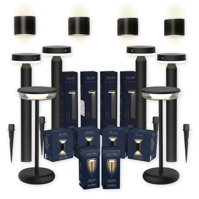 Pakketdeal ZOLUNA 4x priklamp Guus + 4x wandlamp Marga rond + 2x tafellamp Bobbie zwart