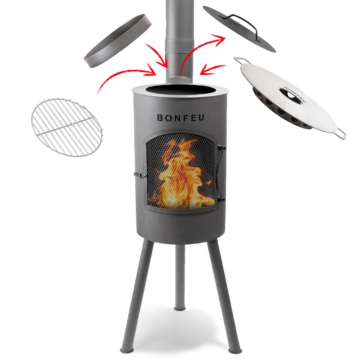 BonFeu BonGiano SP zwart tuinhaard productfoto met barbecue accessoires
