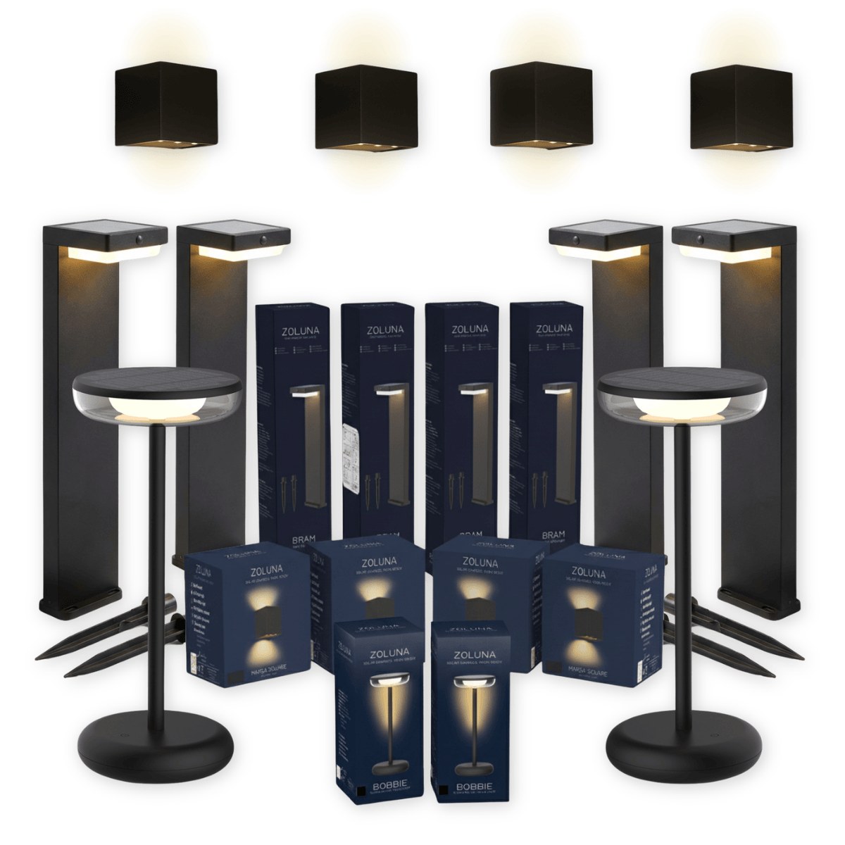 Pakketdeal ZOLUNA 4x priklamp Bram + 4x wandlamp Marga vierkant + 2x tafellamp Bobbie zwart