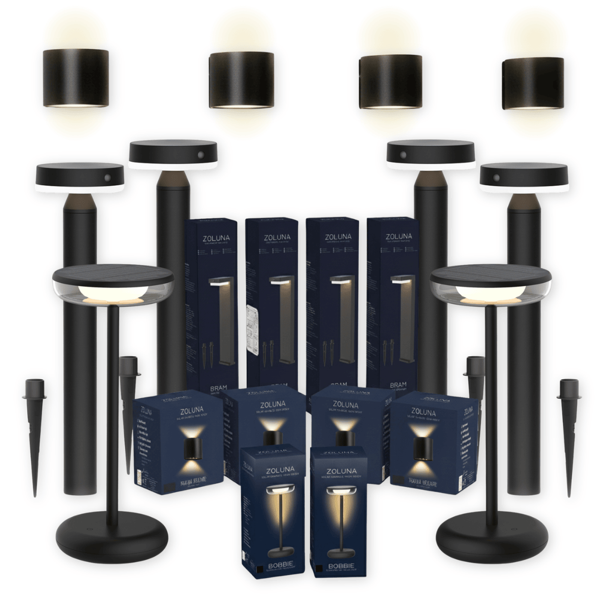 Pakketdeal ZOLUNA 4x priklamp Guus + 4x wandlamp Marga rond + 2x tafellamp Bobbie zwart