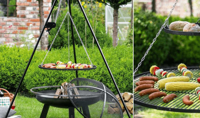 log buiten koken met een driepoot