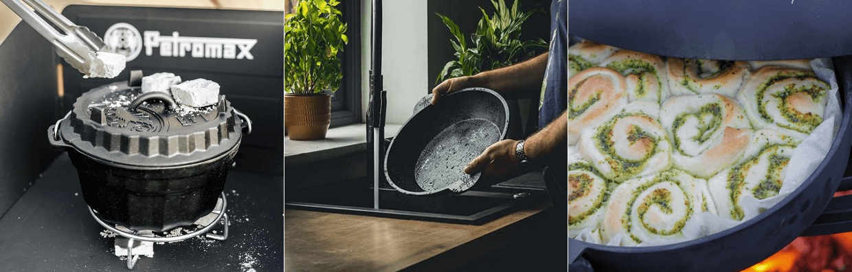 outdoor cooking with cast iron pans